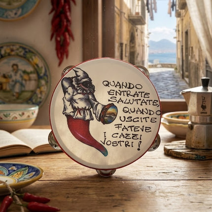 Tamburello Napoletano con Detti e Proverbi Tipici - Artigianato Napoli con Frasi Scaramantiche e Divertenti - Decorazione Tradizionale da Parete