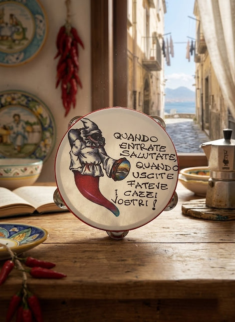 Tamburello Napoletano con Detti e Proverbi Tipici - Artigianato Napoli con Frasi Scaramantiche e Divertenti - Decorazione Tradizionale da Parete