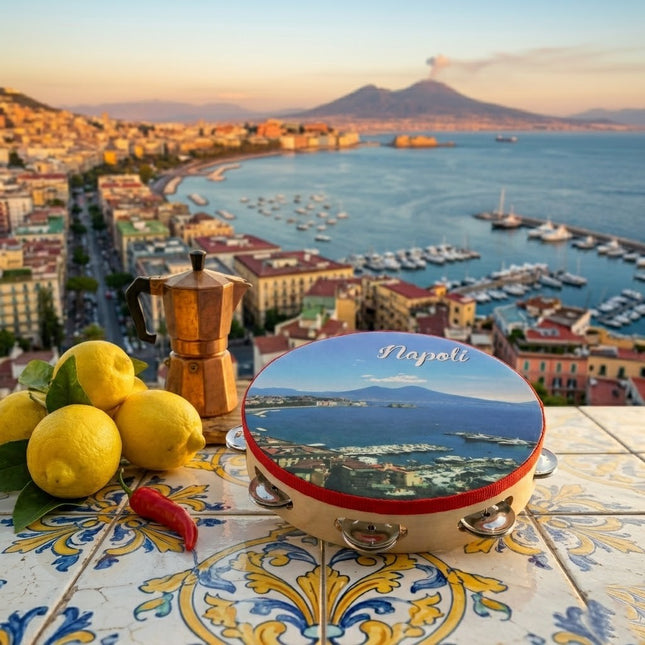 Tamburello Napoletano Artigianale - Decorazione Casa Napoli con Pulcinella o Veduta Napoli - Strumento Musicale Tipico e Souvenir - Regalo Tradizionale